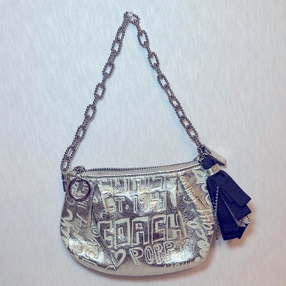 Coach LtdEd Poppy Silver Etched Storypatch Small Evening Shoulder Bag Purse RARE - Picture 2 of 15